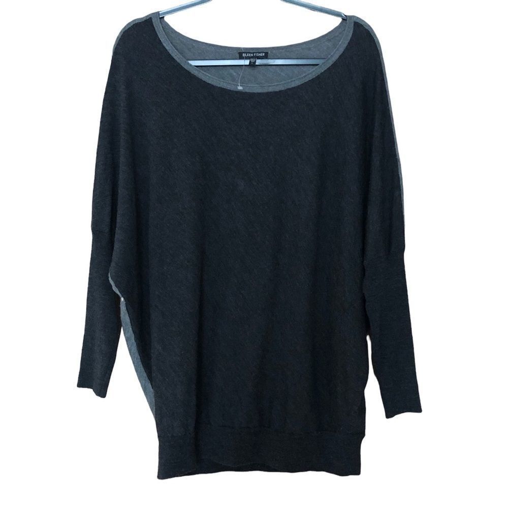 EILEEN FISHER Black Grey Loose Fit Light Weight Sweater Size Large